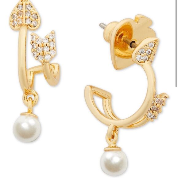 KATE SPADE gold tone pavé & imitation pearl dang hoop earrings E - Picture 1 of 4